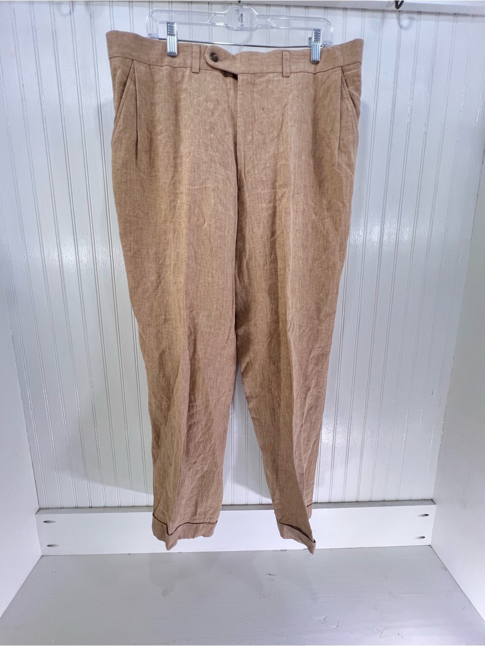 Jack Victor 100% Italian Linen Pants Mens 38 Tan Made in Canada Pleated